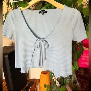 Light Blue Ribbed Crop Top with Tie-Front